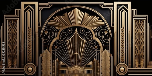 Abstract art deco. Great Gatsby 1920s geometric architecture background. Retro vintage black, gold, and silver roaring 20s texture. 