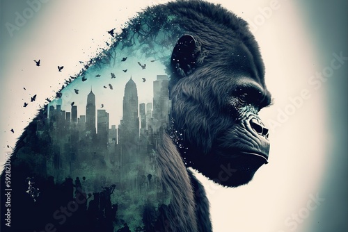 Male gorilla with powerful shoulder and strength with calmly look, large monkey in double exposure with jungle of africa as concept of animal art. Superb Generative AI.