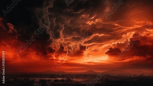 Bright red sunset. Dramatic evening sky with clouds. Fiery skies with space for design. Magic fantasy sky. War, battle, terror, world apocalypse, horror concept.