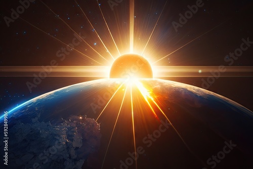 a close-up of the sun peeking over the horizon, casting its golden rays across a blue globe, created with generative ai