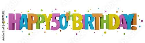 3D render of colorful HAPPY 50th BIRTHDAY! banner with dots on transparent background