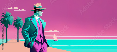 noir film character, male detective in fedora hat, retrowave style colors, slueth, pink background, banner mockup, copy space. Generative AI