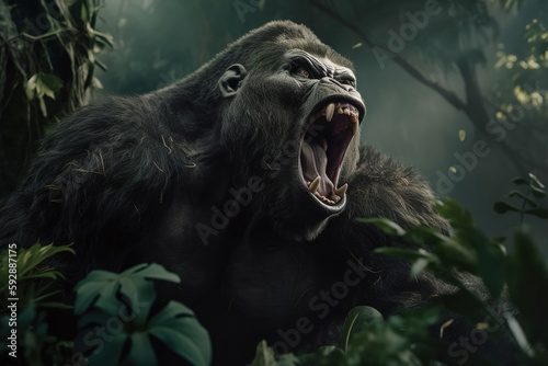 Angry aggressive monkey gorilla in jungle. Screaming king kong in forest. Generative AI animal illustration