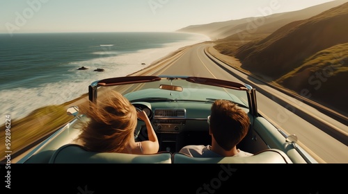 Happy couple in cabriolet on road-trip near the coast