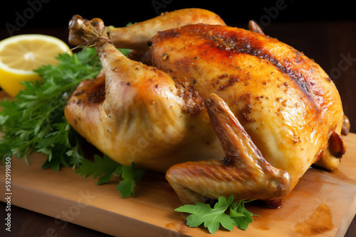 Roast turkey that has been baked to celebrate the festive Christmas Day or Thanksgiving dinner during the winter holiday season, computer Generative AI stock illustration image