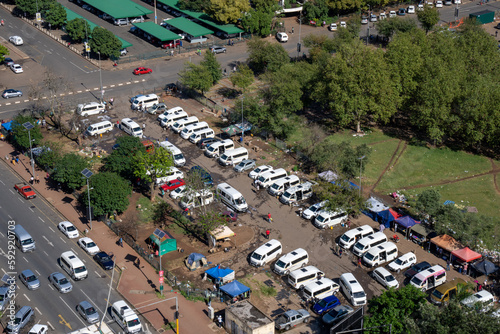 A drone view of a busy taxi rank in the city of Pietermariztburg, Kwazulu-Natal.