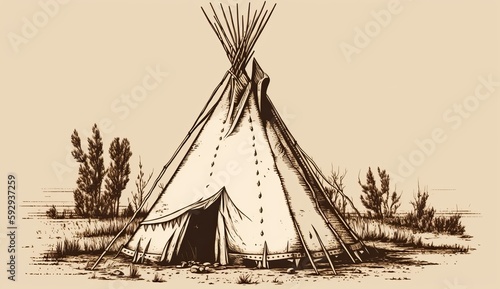 AI Generated. AI Generative. Native american tent wigwam house. Can be used for home decoration. Wild west. Graphic Art Illustration.