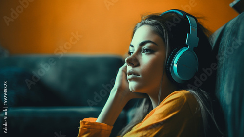 Young beautiful woman listening to music with headphones sitting on sofa at home