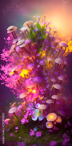 Colorful spring flowers and mashrooms. AI generated illustration