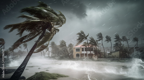 strong wind hurricane та island flood disaster .Generative AI