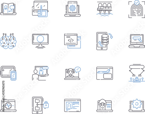 Internet and high tech outline icons collection. Internet, High-tech, Technology, Online, Network, IP, Wi-Fi vector and illustration concept set. Data, Computer, Connectivity linear signs