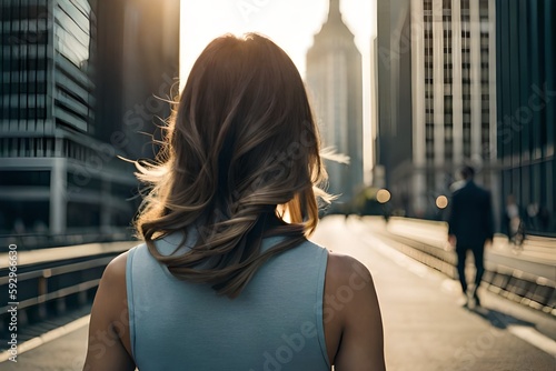 Rear view of a young latin woman with bare back walking down a street next to a building in the background. Generative AI