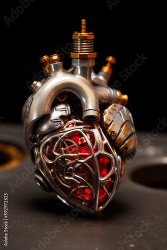 Metal heart with red light inside of it on black surface. Generative AI.