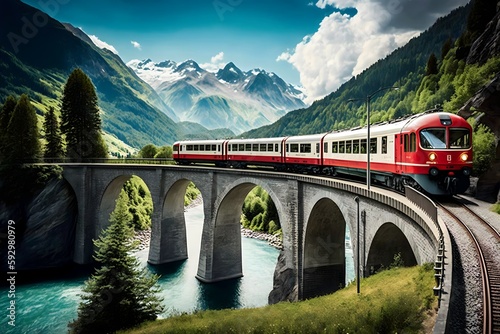 Bernina Switzerland Express train crossing Landwasser Viaduct during summer in the Swiss Alps