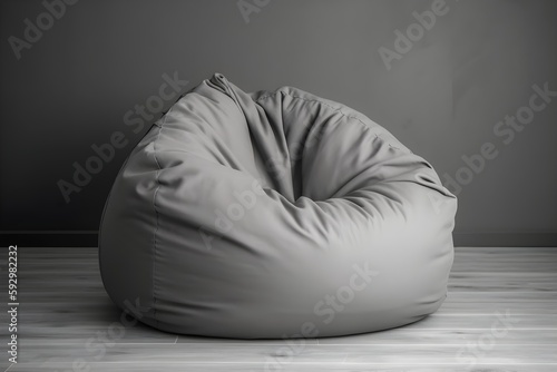 ..Soft grey bean bag lounges against a stark white background.