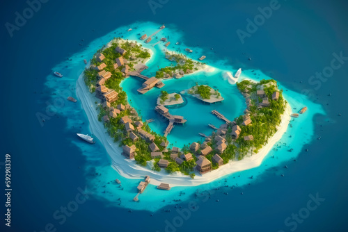 Maldives island in the Ocean. Aerial view of beautiful island. Top view from drone. Amazing bird's eye view of the Maldives.Travel, Holidays concept. Generated Ai. 