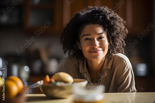 ..A joyous biracial woman cooking up a delicious breakfast in her kitchen