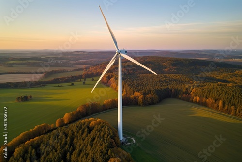 Aerial View of Wind Turbine in Green Landscape at Sunset. Photo generative AI