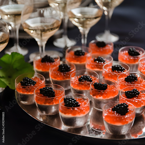 Serving tray with small ice bowls with red and black caviar and champagne glasses on a table. Gourmet food, delicacy appetizer. Texture of caviar. Caviar tasting in a fancy restaurant. AI