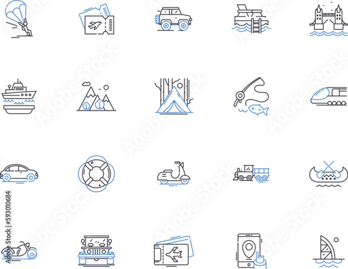 Traveling people outline icons collection. Travellers, Voyagers, Roamers, Explorers, Adventurers, Wanderers, Journeyers vector and illustration concept set. Globetrotters,Vagabonds,Backpackers linear