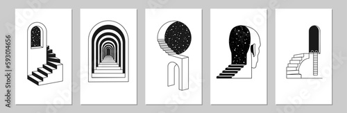 Surreal cover design, infinity posters. Line stairs and ladders sculpture elements, arch and doors monochrome universe. Minimal design cards. Geometric figures vector abstract modern banners