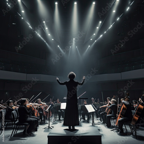 conductor and orchestra members in an empty concert hall with spotlights on the ceiling, lighting from stage lights behind. Dramatic Female Conductor Leading Modern Symphony Orchestra - Generative AI