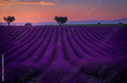 Scenic shot of the lavander field at sunset