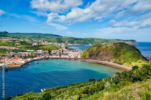 Beautiful Horta city on Faial island of Azores surrounded by the beautiful ocean and hills