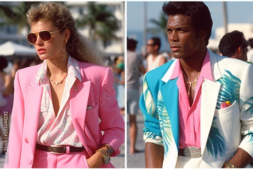 Retro wave vice Miami fashioned man and woman in sunglasses. Sunset scene in Miami of 80's. Synth wave. Outrun Nostalgia Fashion Look Book. Generative ai.