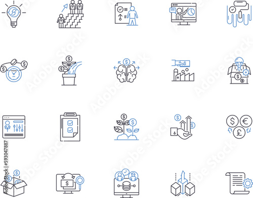 Objectives and Key Results outline icons collection. Goals, Objectives, Outcomes, Success, Metrics, KRA, KRAs vector and illustration concept set. KPI, KPIs, Initiatives linear signs