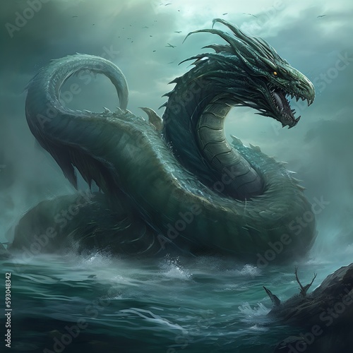Mysterious hydra snake in the water. Mythology character. Illustration