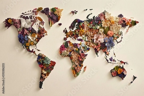 World map made from flowers, created with Generative AI technology