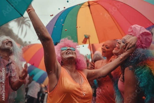 A vibrant and colorful moment captured at festival, where confetti rains down on a group of senior LGBTQ individuals, holding up the rainbow flag, Generative Ai