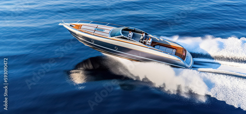 A luxurious motor boat is speeding across the blue sea, creating waves in its wake. The boat's rapid movement can be seen from an aerial perspective as it cruises over the dark water. digital art