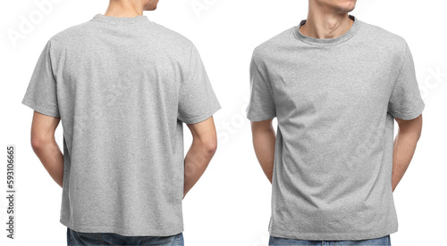 Collage with photos of man in grey t-shirt on white background, closeup. Back and front views for mockup design