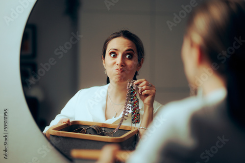Woman looking in the Mirror Checking her Jewelry Box. Stylish snobbish lady choosing which necklace to wear