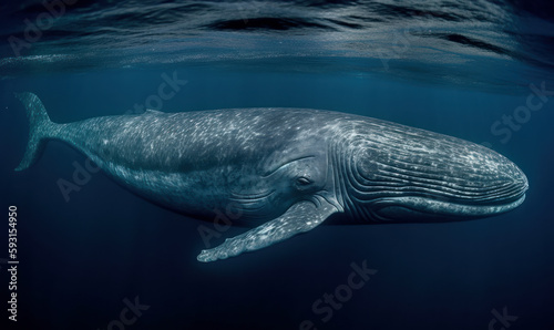 photo of Balaenoptera musculus, also known as the blue whale, swimming underwater in the ocean. Generative AI