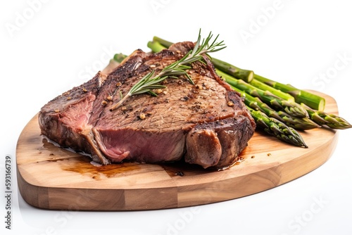  a piece of steak and asparagus on a wooden cutting board on a white background with a white background and a white background with a white background. generative ai