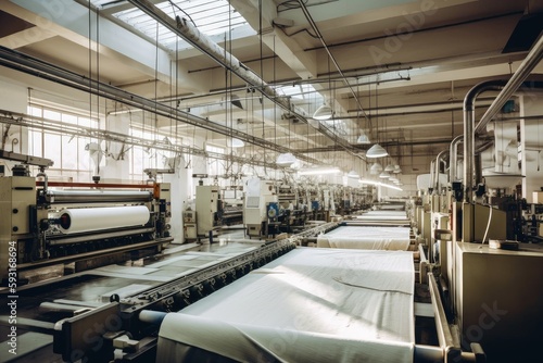 textile factory, with machines and equipment producing high-quality textiles, created with generative ai