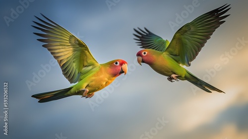 Lovebirds in Flight - Graceful birds with vibrant feathers soaring through the sky