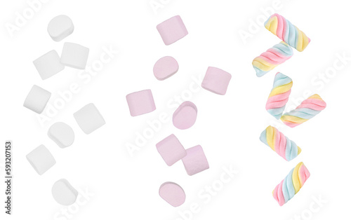 Colorful marshmallows candy falling in the air isolated on transparent background. PNG