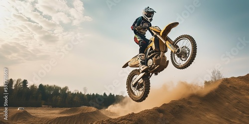 jumping mountain motocross race biker in action, by ai generative 