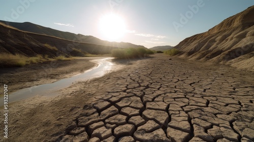 A picture of a dry river bed with cracked mud and no water. 