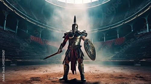 Mysterious gladiator with sword and shield stands in battle arena. Postproducted generative AI illustration.