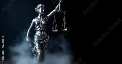 Bronze statue of the Goddess of Justice Themis, holding the Law Scales in her hands, on dark blue smoky background. Copy space. Based on Generative AI