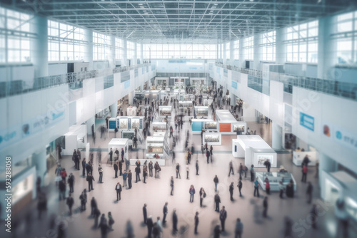 Background of an expo or convention with blurred individuals in an exposition hall. Concept image for a international exhibition, conference center, corporate marketing, or event fair. Generative ai