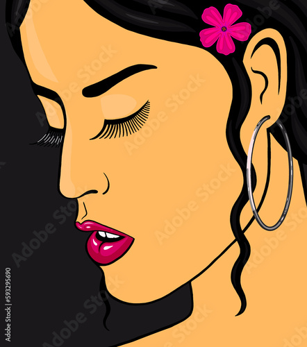 Portret pięknej czarnowłosej kobiety o śniadej cerze. Brunetka o lśniących różowych ustach i białych zębach. Ładna dziewczyna z długimi rzęsami i kwiatem we włosach. Ilustracja, rysunek twarzy kobiety