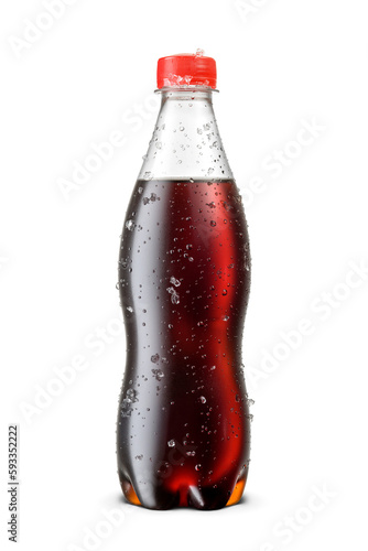 Plastic cola bottle with ice crystals and water droplets isolated on white background.