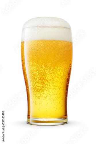 Tulip pint glass of fresh yellow beer with cap of foam isolated on white background.