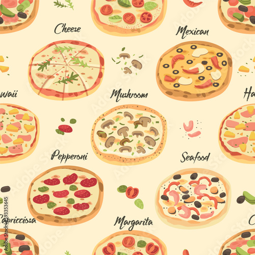 Seamless Pattern Depicts Pizzas In Various Sizes And Toppings, Including Pepperoni, Mushrooms, Cheese, Mexican